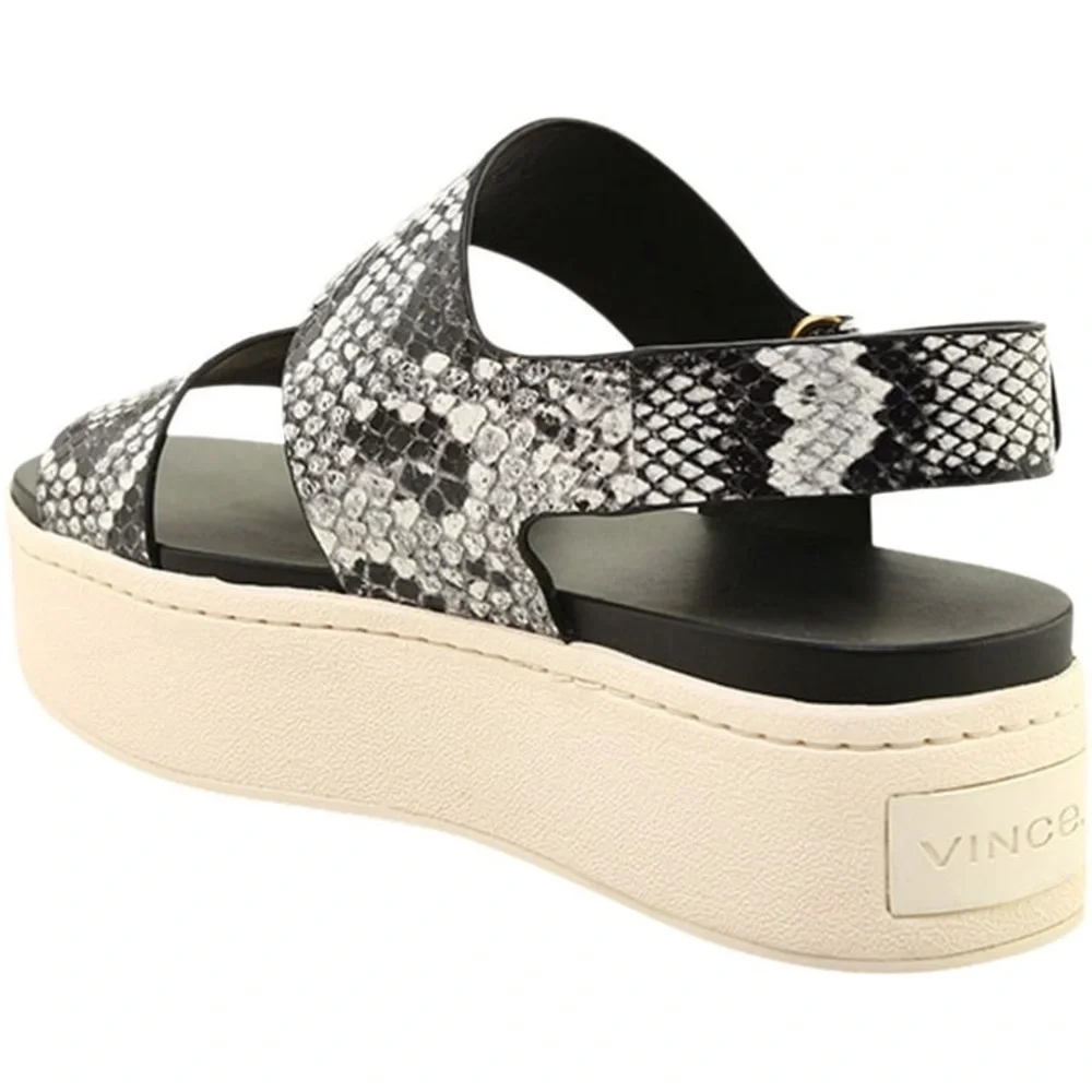 VINCE. Womens Black Snake Platform Comfort Wedge Leather Slingback Sandals 8.5